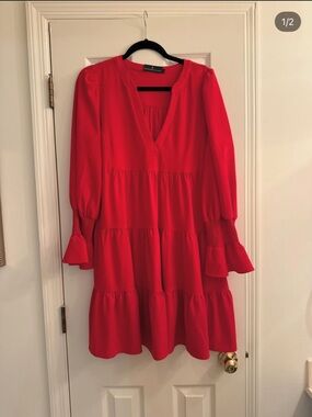 Pomander Place Bright Red V-Neck Tiered Mini Dress